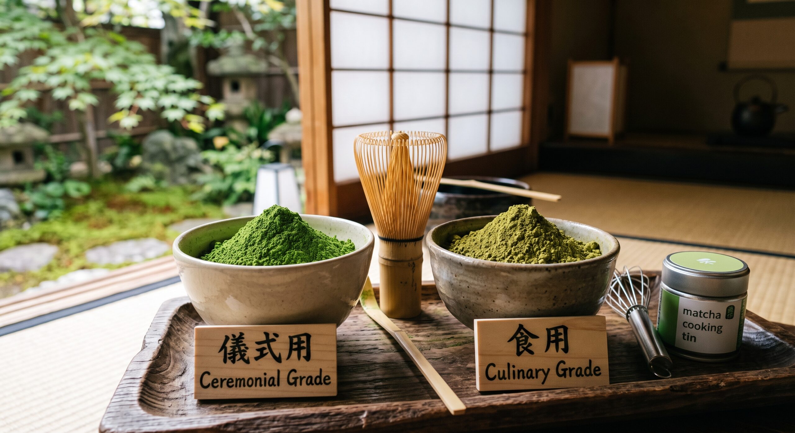 Side-by-side comparison of ceremonial grade and culinary grade matcha powder