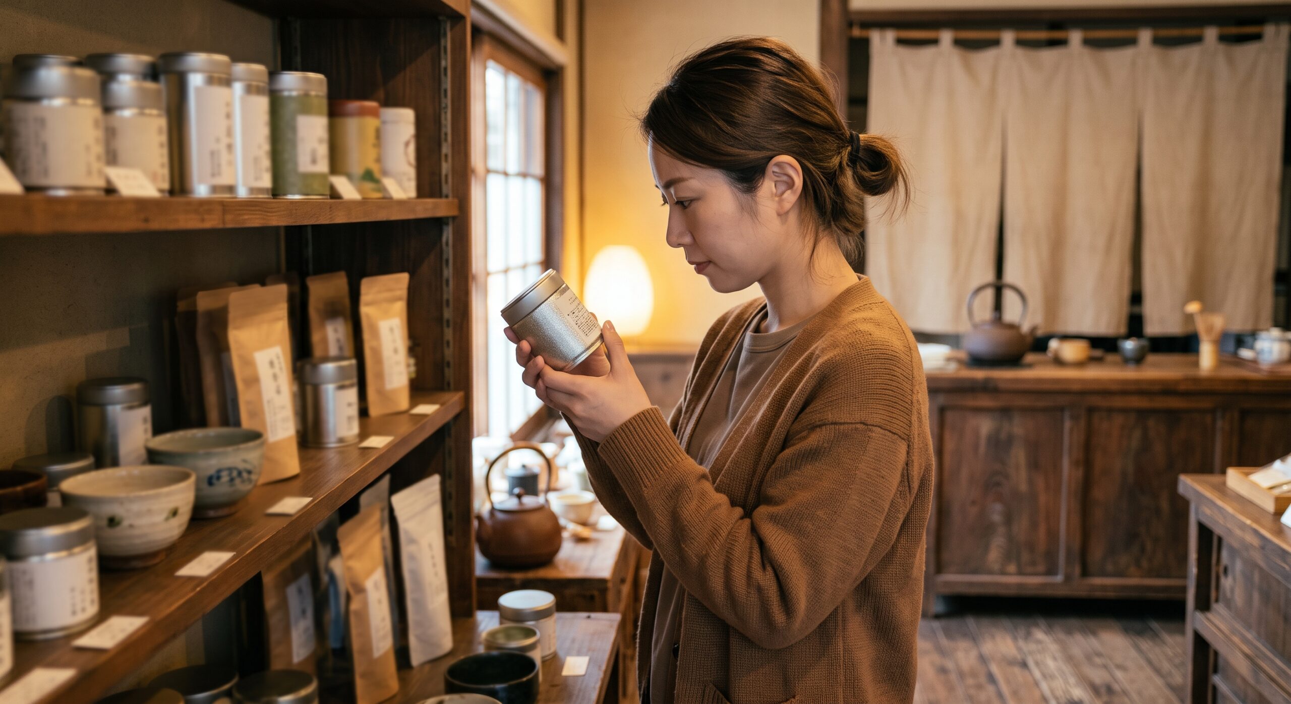 Person reading the ingredient label on a tin of matcha powder inside a tea shop