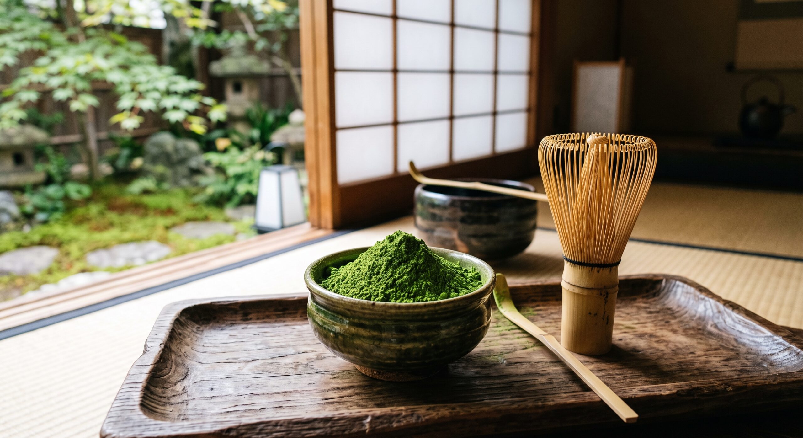 Bright green matcha powder in a small bowl next to a bamboo whisk