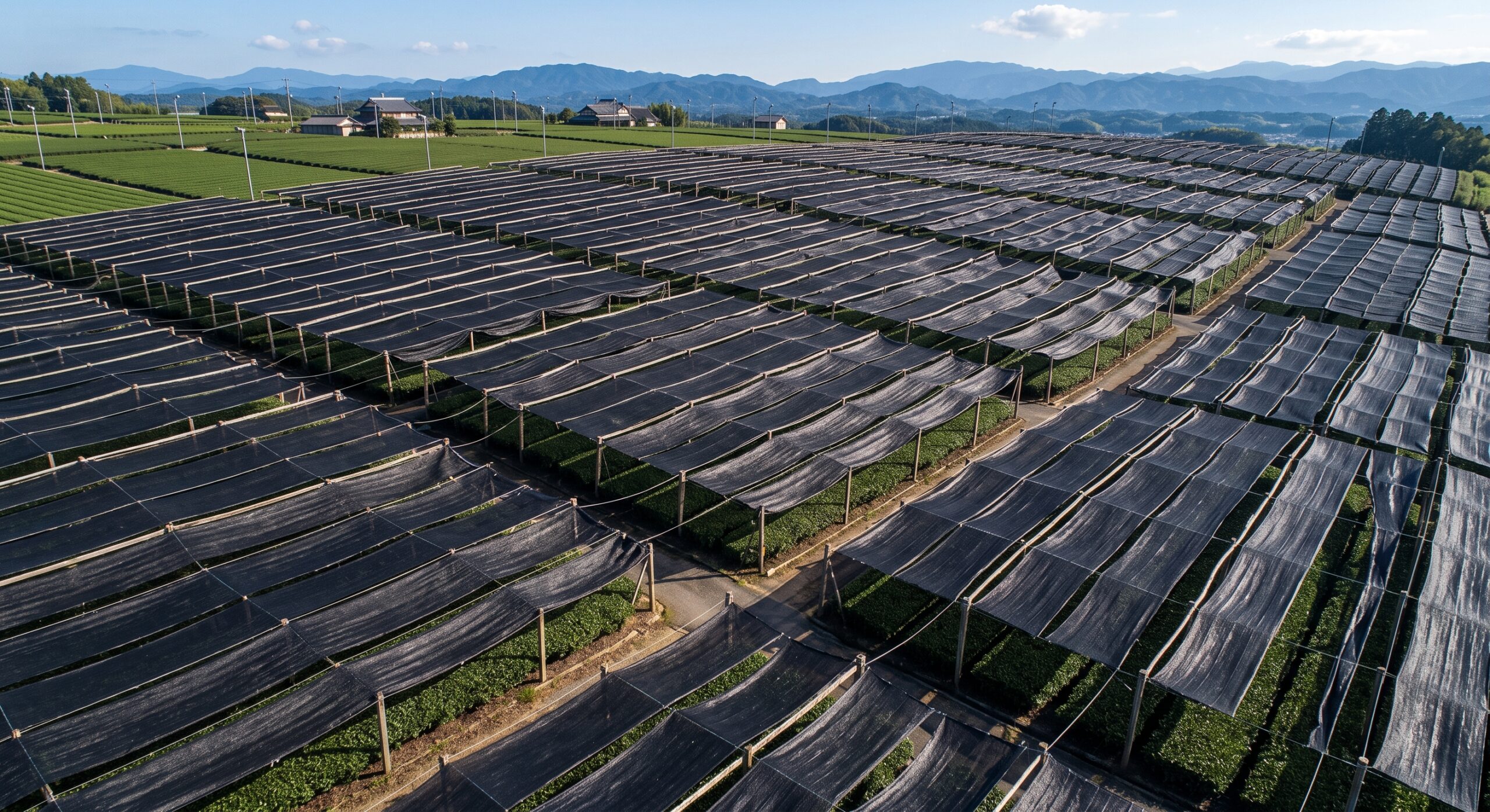 Map-style view of Japanese tea fields in the Uji region near Kyoto with rows of shaded tea bushes