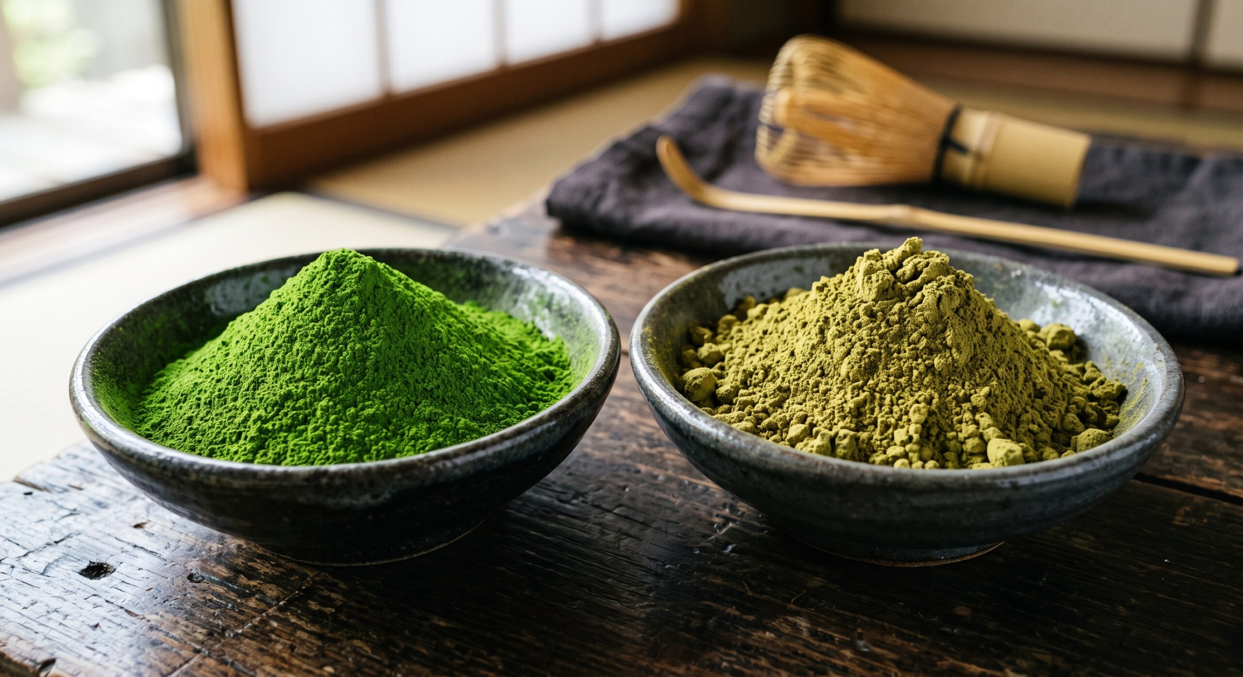 Close-up comparison of vivid green ceremonial matcha powder next to duller olive-toned culinary matcha powder