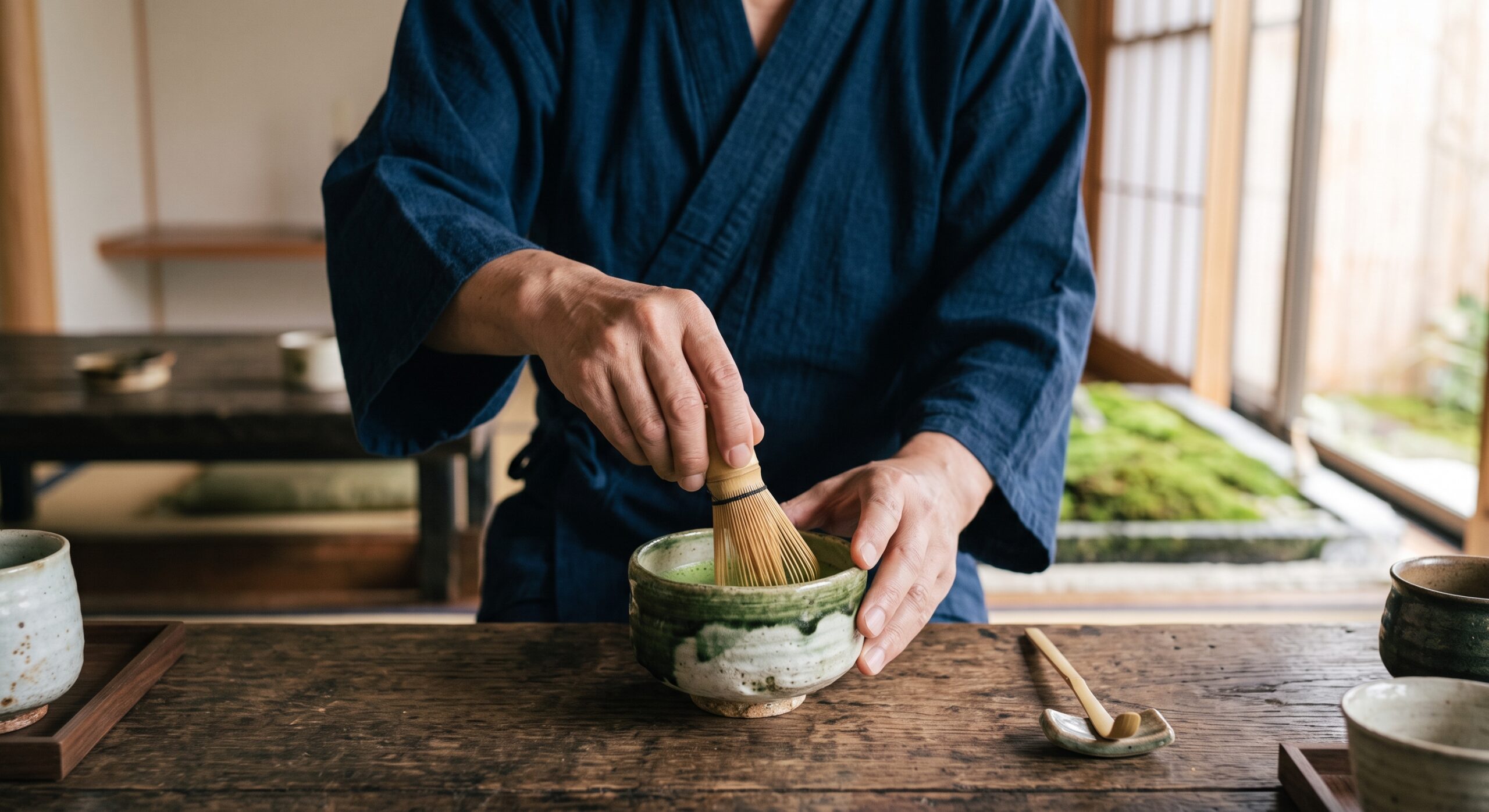 Whisking matcha with a bamboo chasen in a traditional chawan bowl