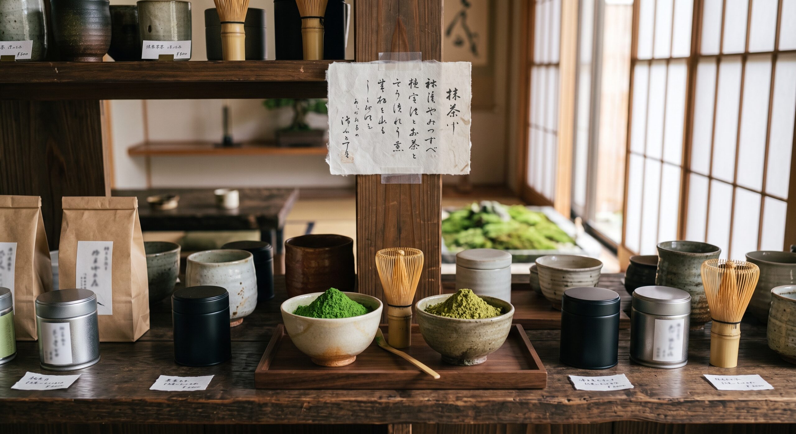 A tea shop shelf in Japan with a sign limiting matcha purchases per customer
